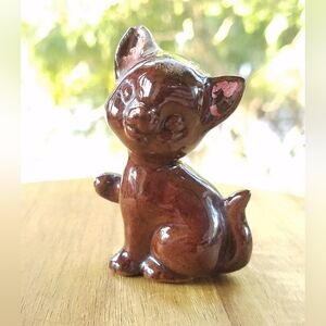 Vintage Small Brown Redware Cat Kitten Figurine Kitsch